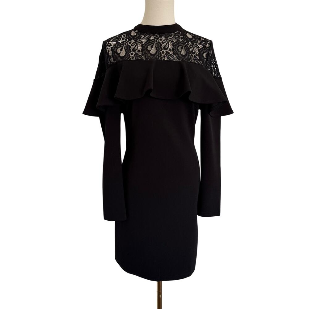 She + Sky (S) Black Lace Ruffle Cold Shoulder Bodycon Mini Dress Whimsygoth